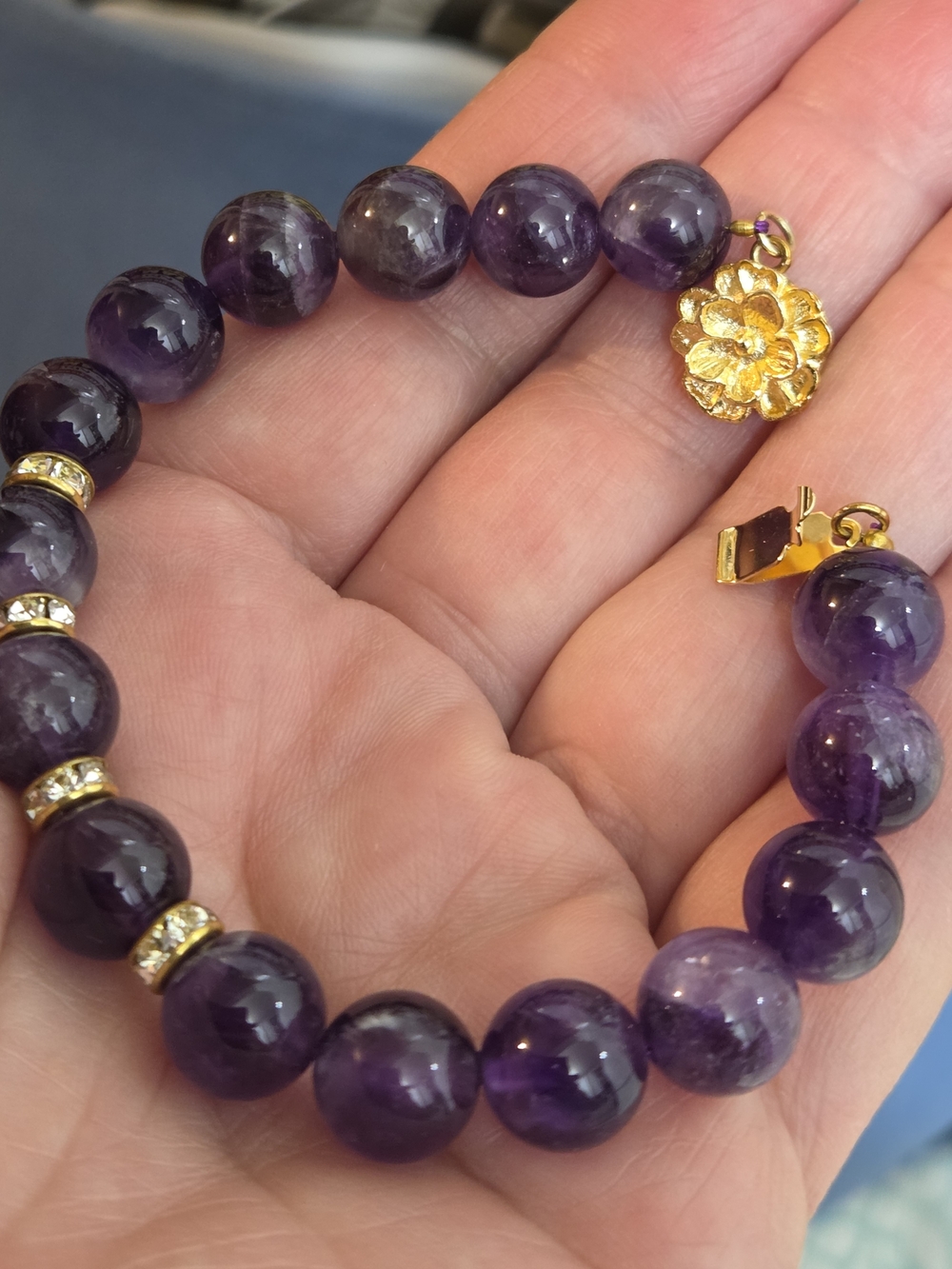 Genuine Amethyst Bead Bracelet with Gold Flower Charm - Women Jewelry